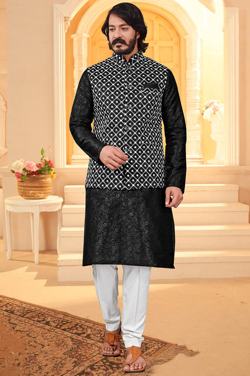Patterned Black Men s Kurta Pajama with Printed MKPA01582