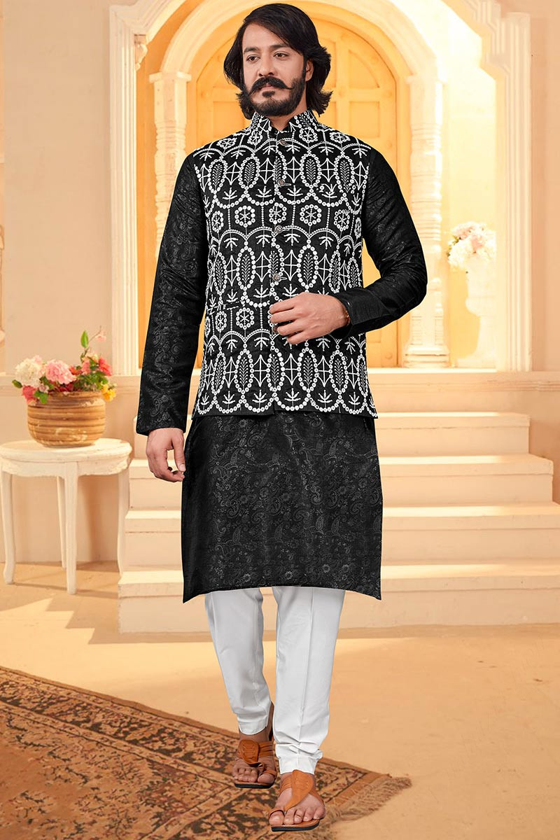 Trendy Fashion Dusty Black Men s Kurta Pajama with Printed MKPA01587