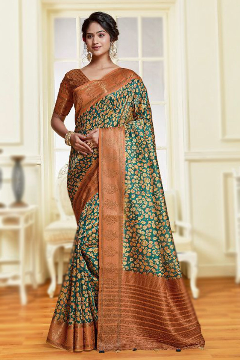 Pista Green Banarasi Handloom Art Cotton Printed Saree - Aura Benaras