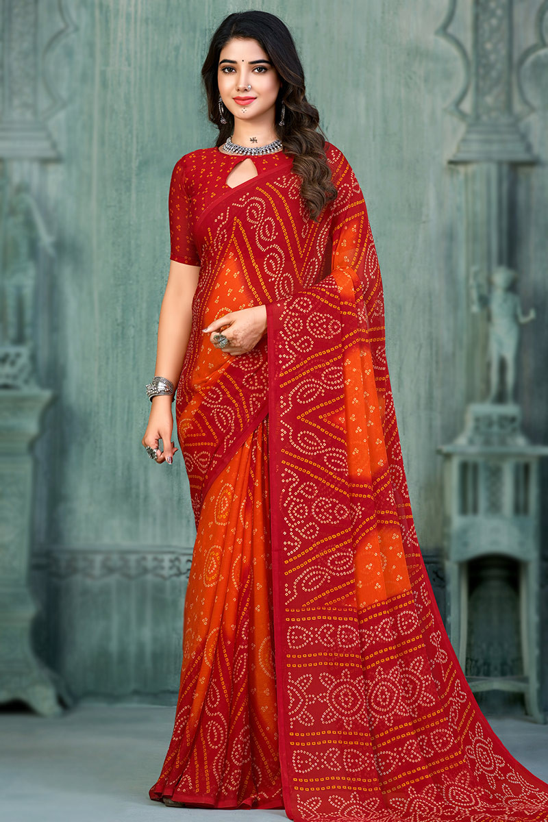 Saree Printed Chiffon in Red -