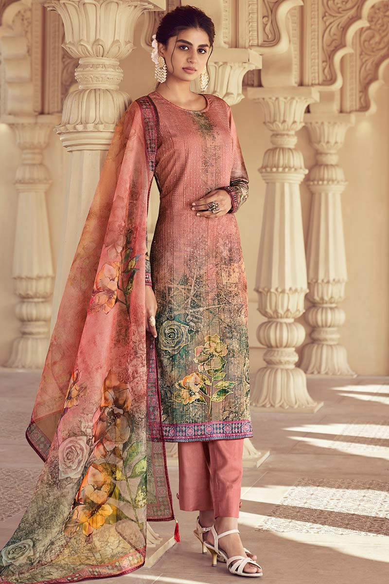 Pink Georgette Net Trouser Suit with Pink Chiffon Dupatta By Andaaz Fashion