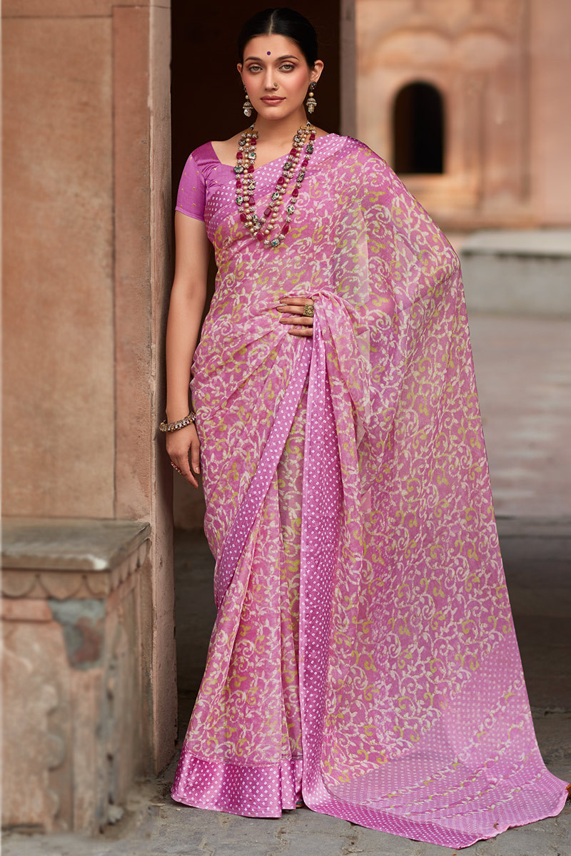Lavender Pink Woven Chiffon Saree for Casual Wear