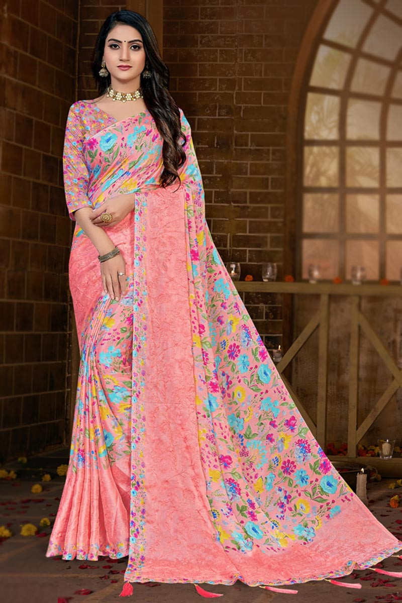 Sexy Printed Chiffon Silk Salmon Pink Saree SARV136582