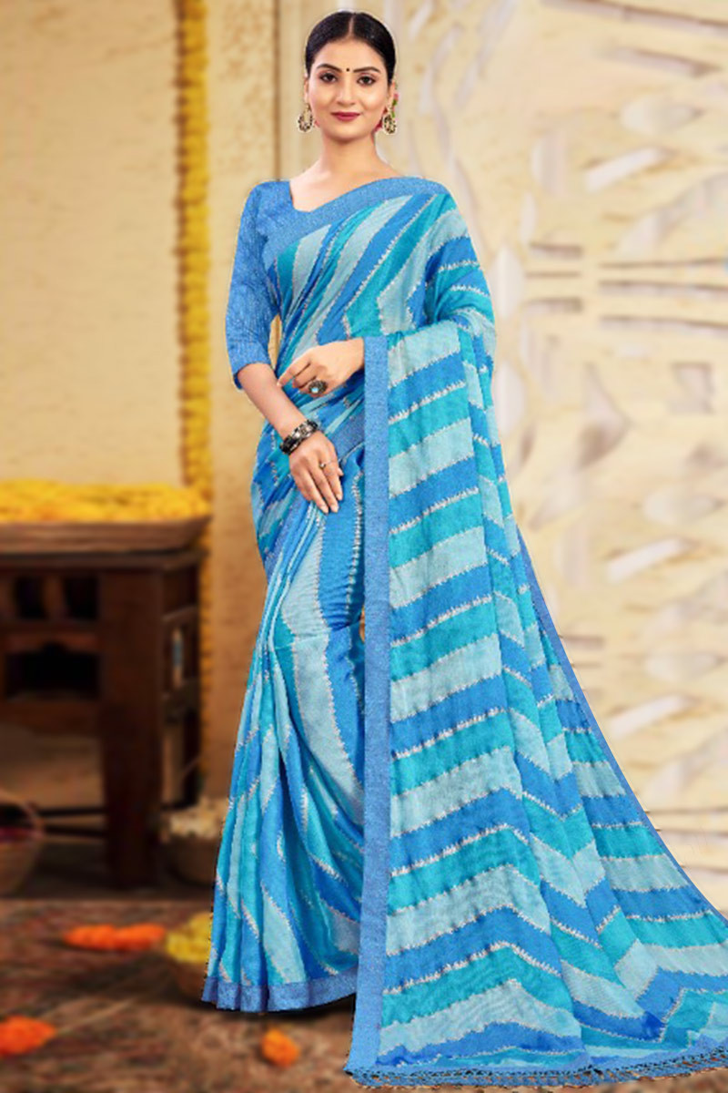 Sky Blue Chiffon Saree for Party Wear with Printed