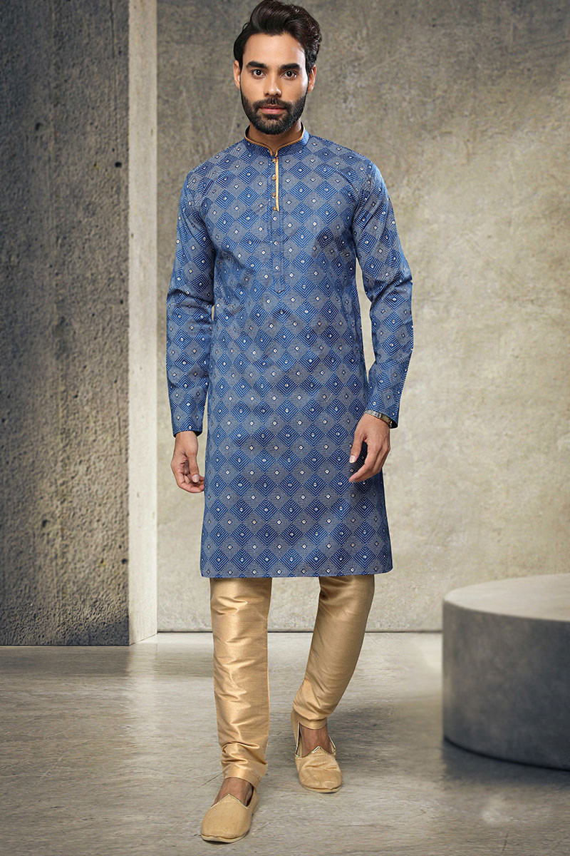 Wedding Shop Blue Men Kurta Churidar with Printed Work MKPA02473