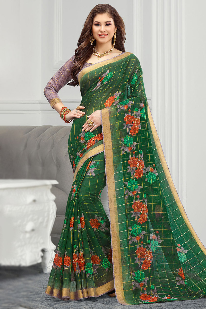 Dark Green Cotton Silk Saree with Embroidery Work – Shopin Di Apparels