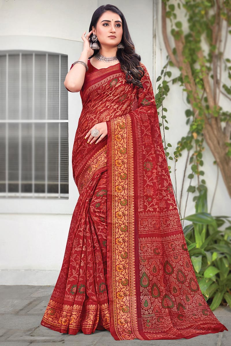 Buy Splendid Dark Red Saree Online in the USA @Mohey - Saree for Women