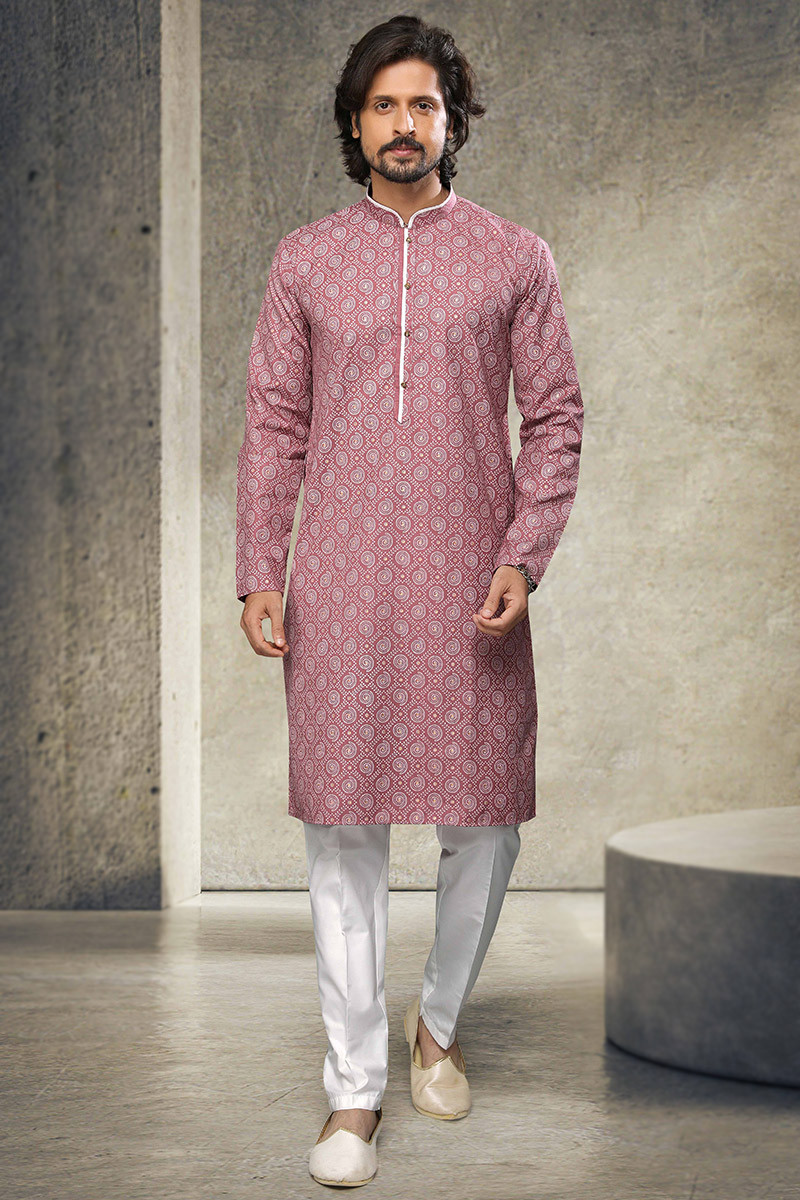 Latest Fashion Printed Dusty Pink Men Kurta Pajama MKPA02460