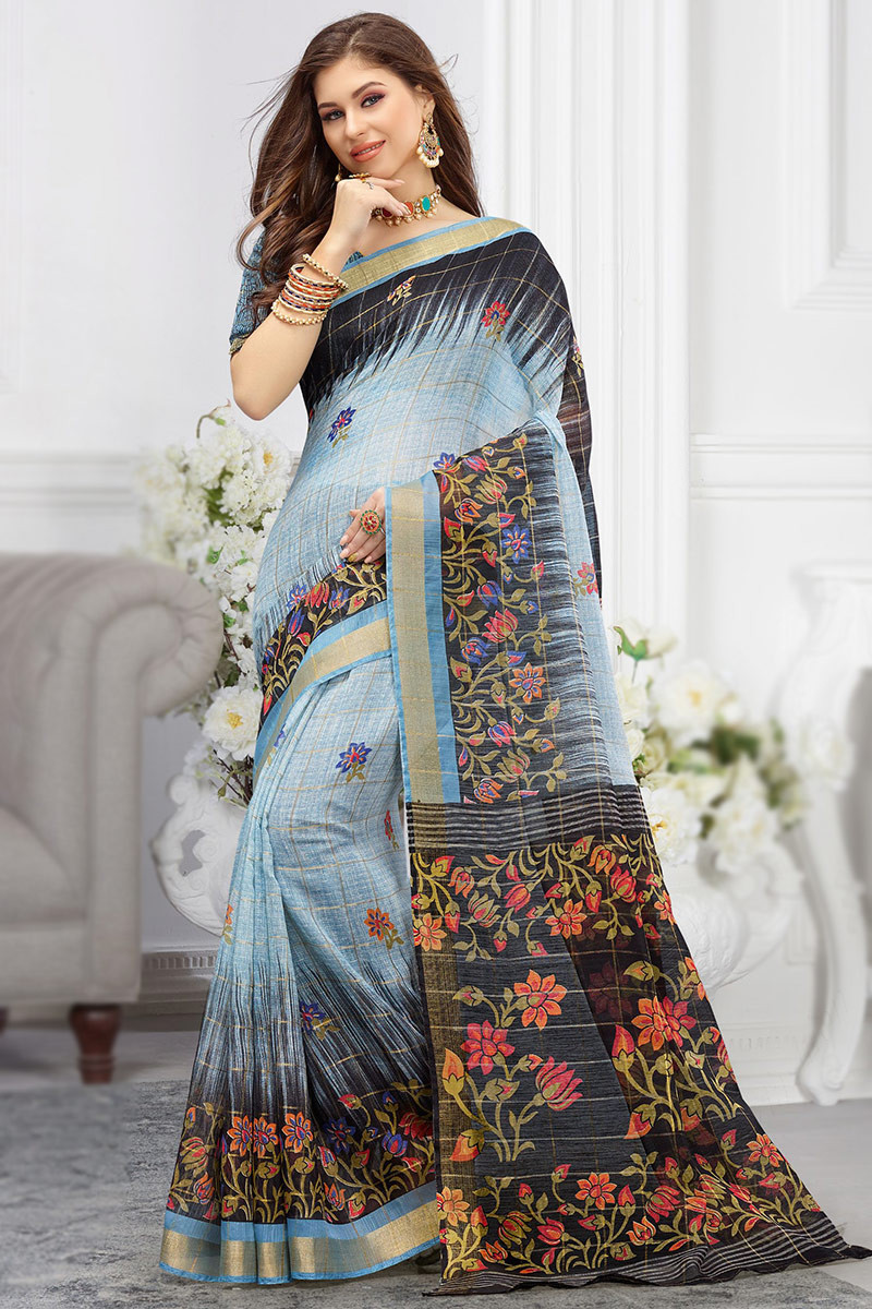 Tulsi Sky Blue Linen Cotton Saree – Zariknyaa