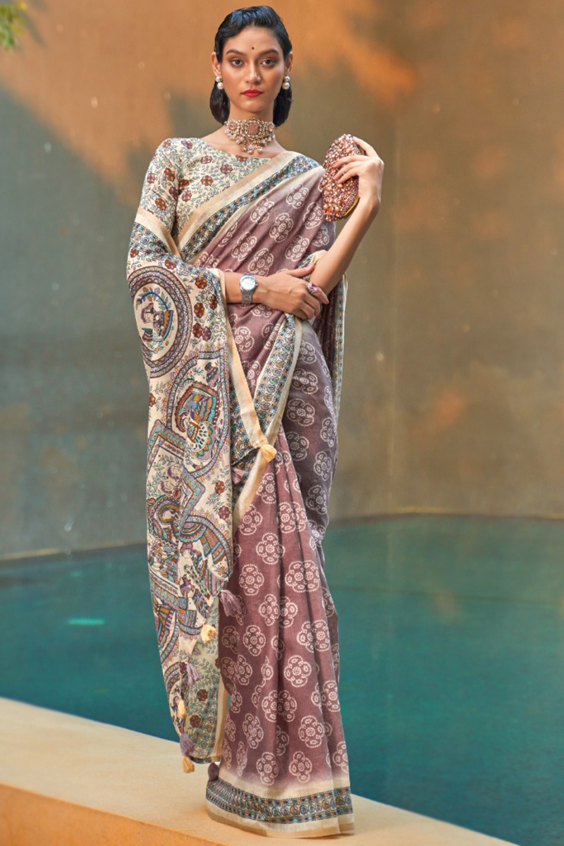 Printed Cotton Mauve Taupe Saree