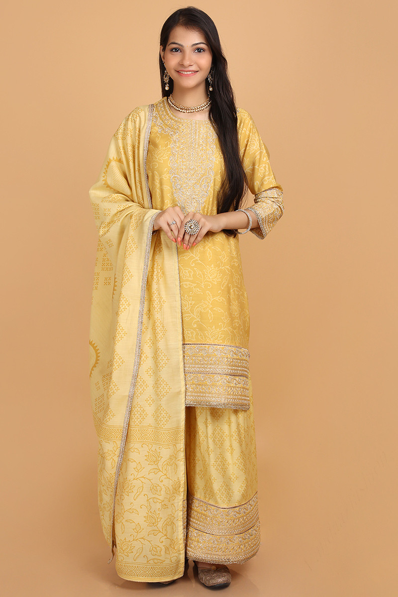 Buy Yellow Cotton Silk Green Printed Sharara with Kurti Boti Net Dupatta  for Girls Online