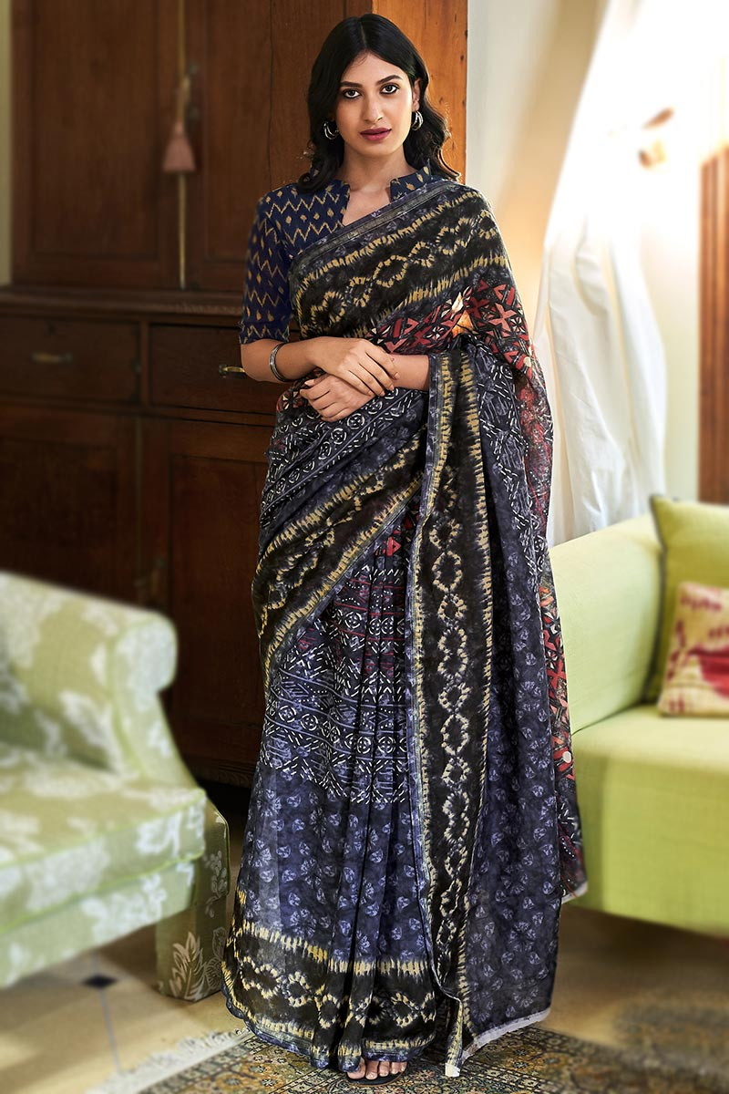 BLUE BATIK PRINT COTTON SAREE – ShopBollyWear.Com