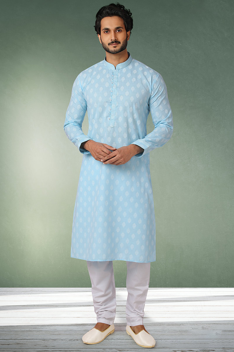 Popular Printed Powder Blue Men Kurta Churidar MKPA01344