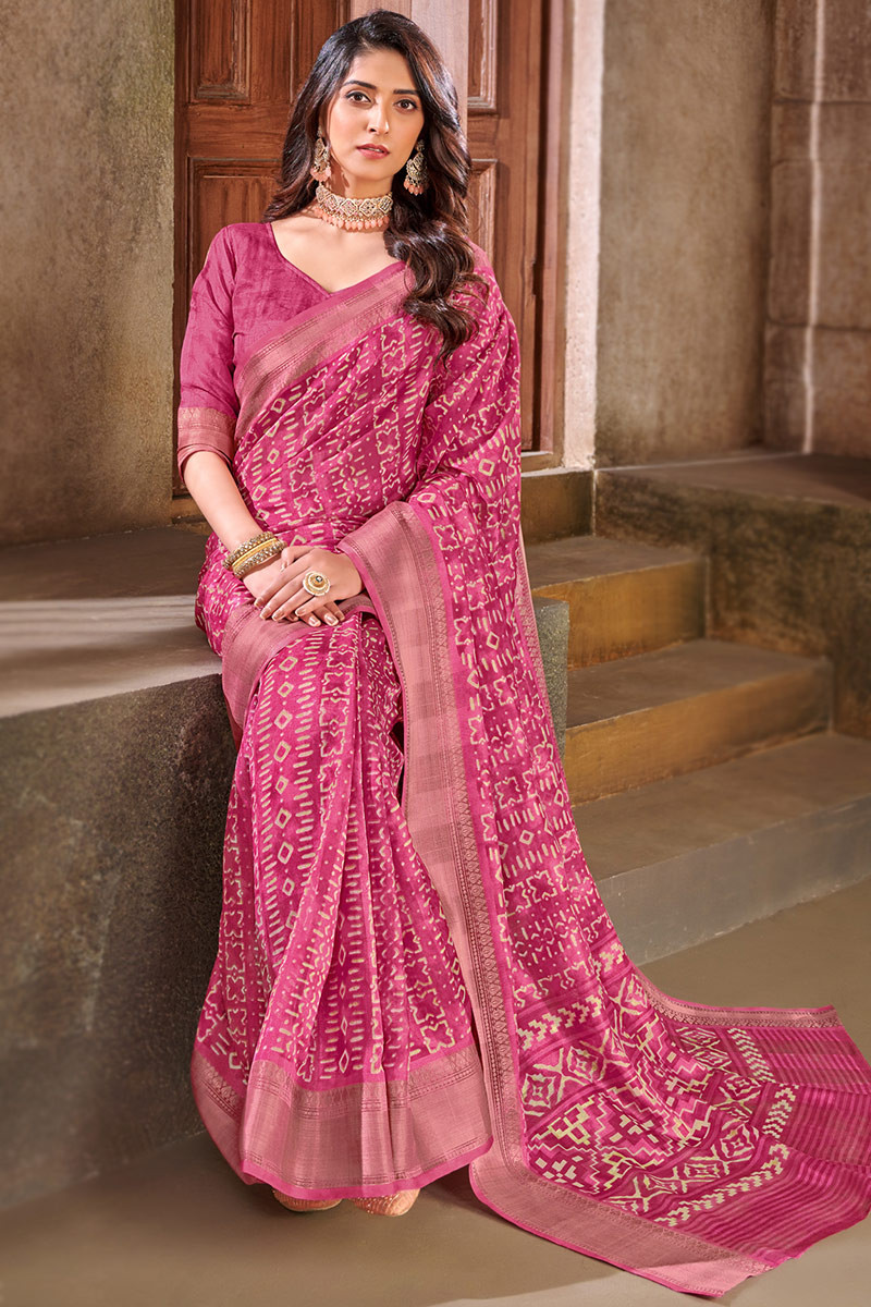 Clothing Fashion Printed Cotton Silk Pink Saree
