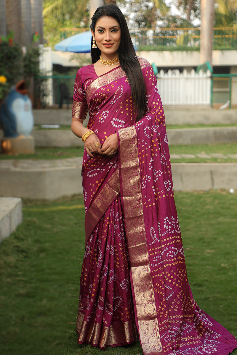 Printed Cotton Silk Wine Maroon Bandhej Saree SARV180547