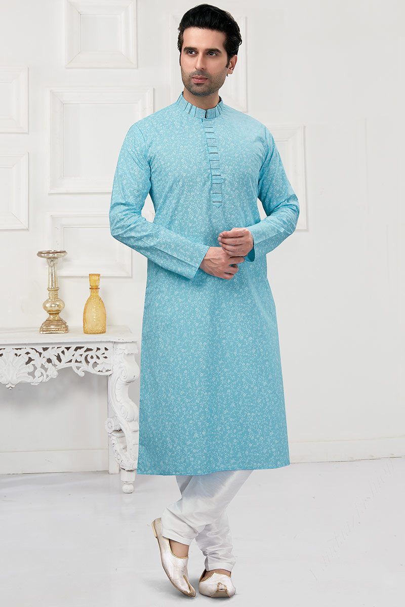 Wedding Boutique Sky Blue Men Kurta Churidar with Printed Work MKPA0303