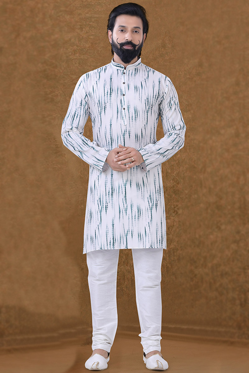 Ethnic Men Kurta With Churidar in White Printed Fabric MKPA01691
