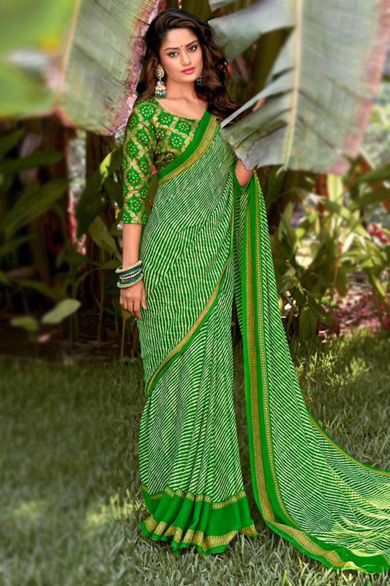 Trendy Printed Silk Off White And Dark Green Saree|SARV132005