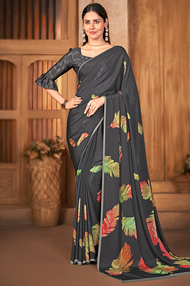 Black Digital Printed Satin Silk Saree – Maharani