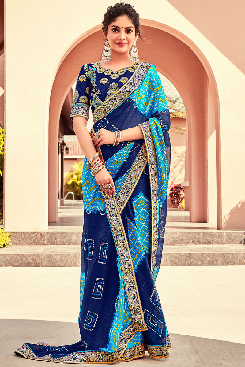 Blue Bandhej Saree with Gota Patti