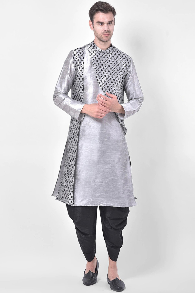 Printed Dupion Silk Steel Grey Men Dhoti Kurta