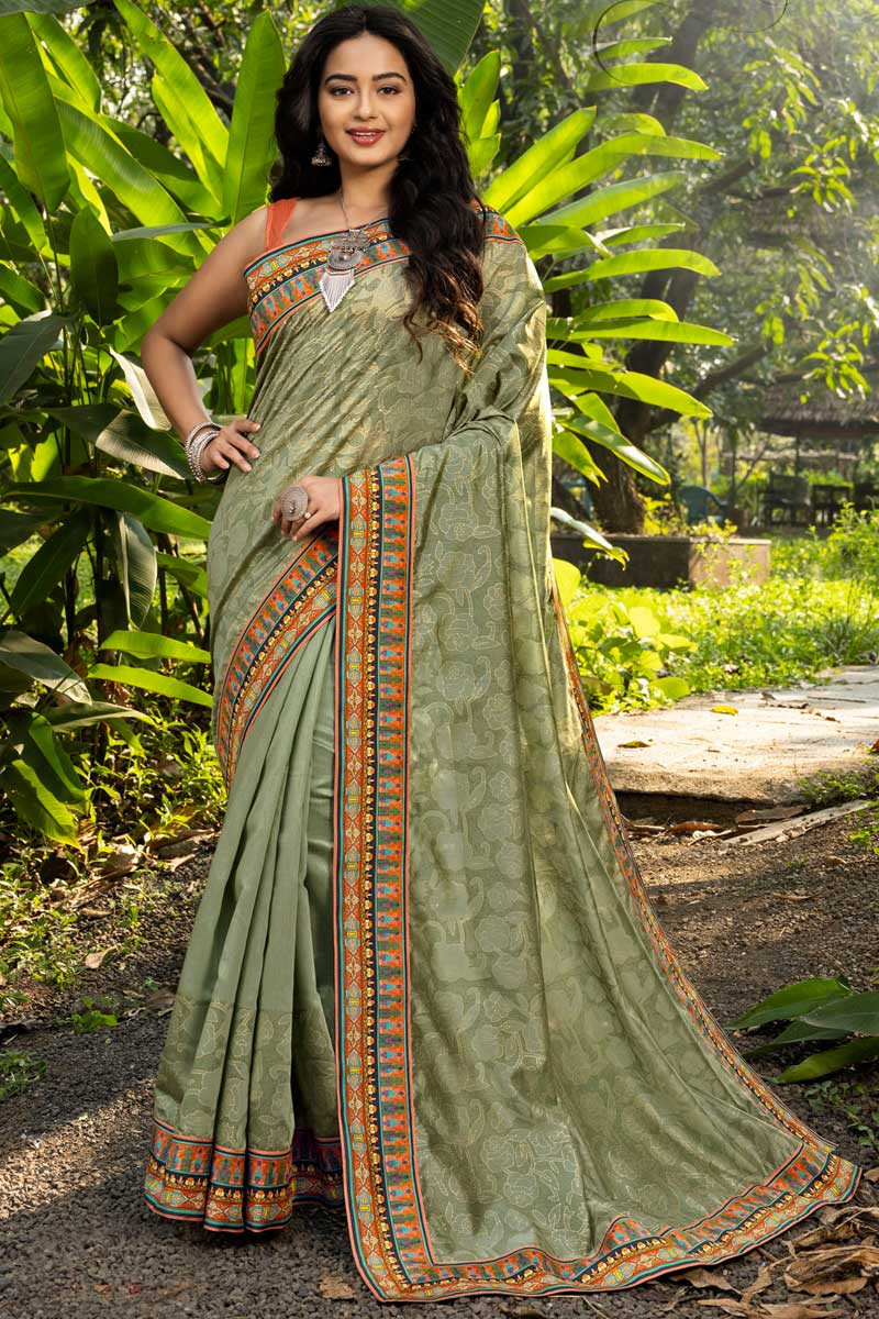 Sage Green Designer Chiffon Saree with Dori & Sequins work – Ethnos