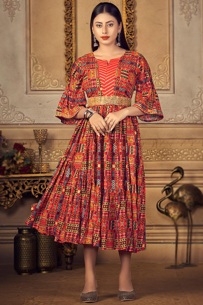 Trending Multi Color Frock Style Printed Rayon Kurti LKV002680
