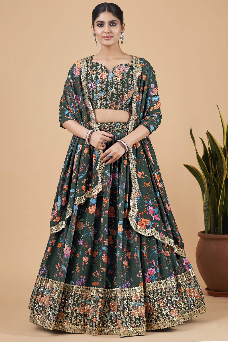 Printed Georgette Dark Green Lehenga