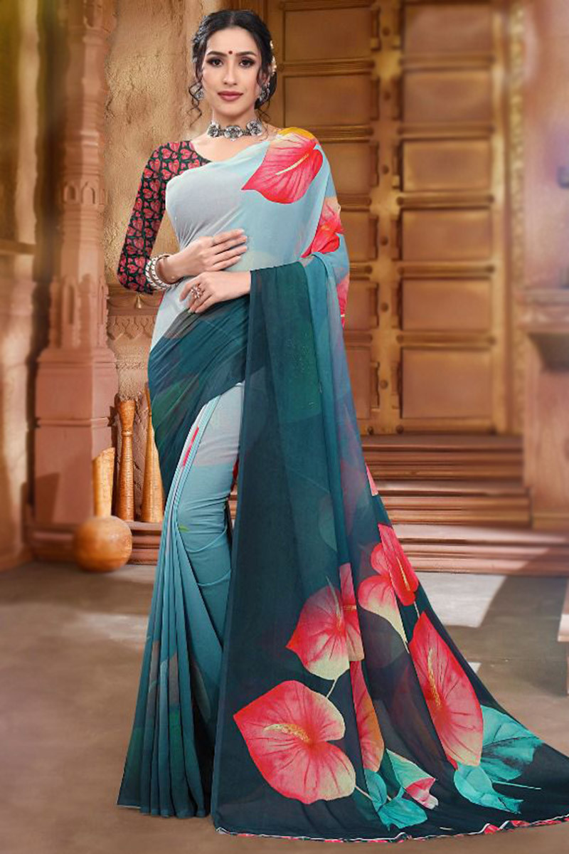 Eid Collection Printed Georgette Light Blue Saree SARV133426