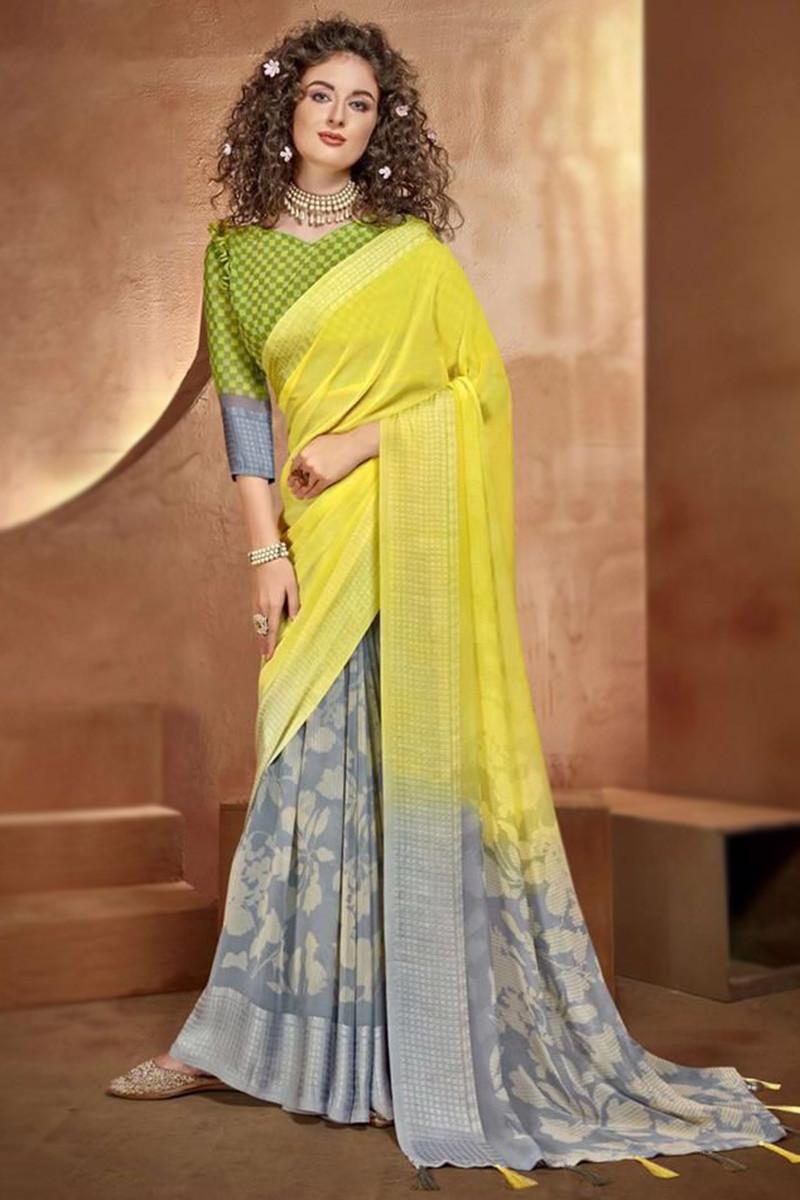 Gray & Yellow Dual Colour Woven Banarasi Silk Saree - Urban Womania