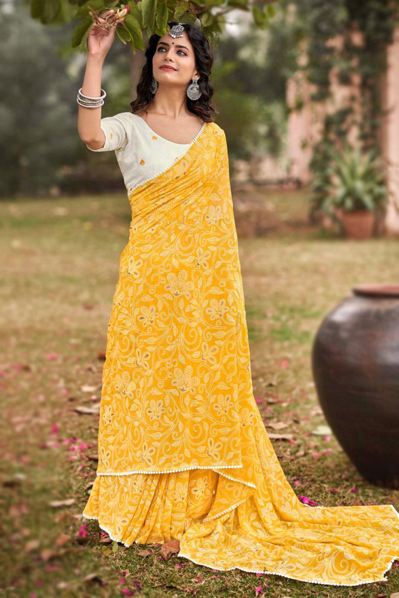 Buy Yellow Organza Saree With Scallop Border And Unstitched Blouse Piece