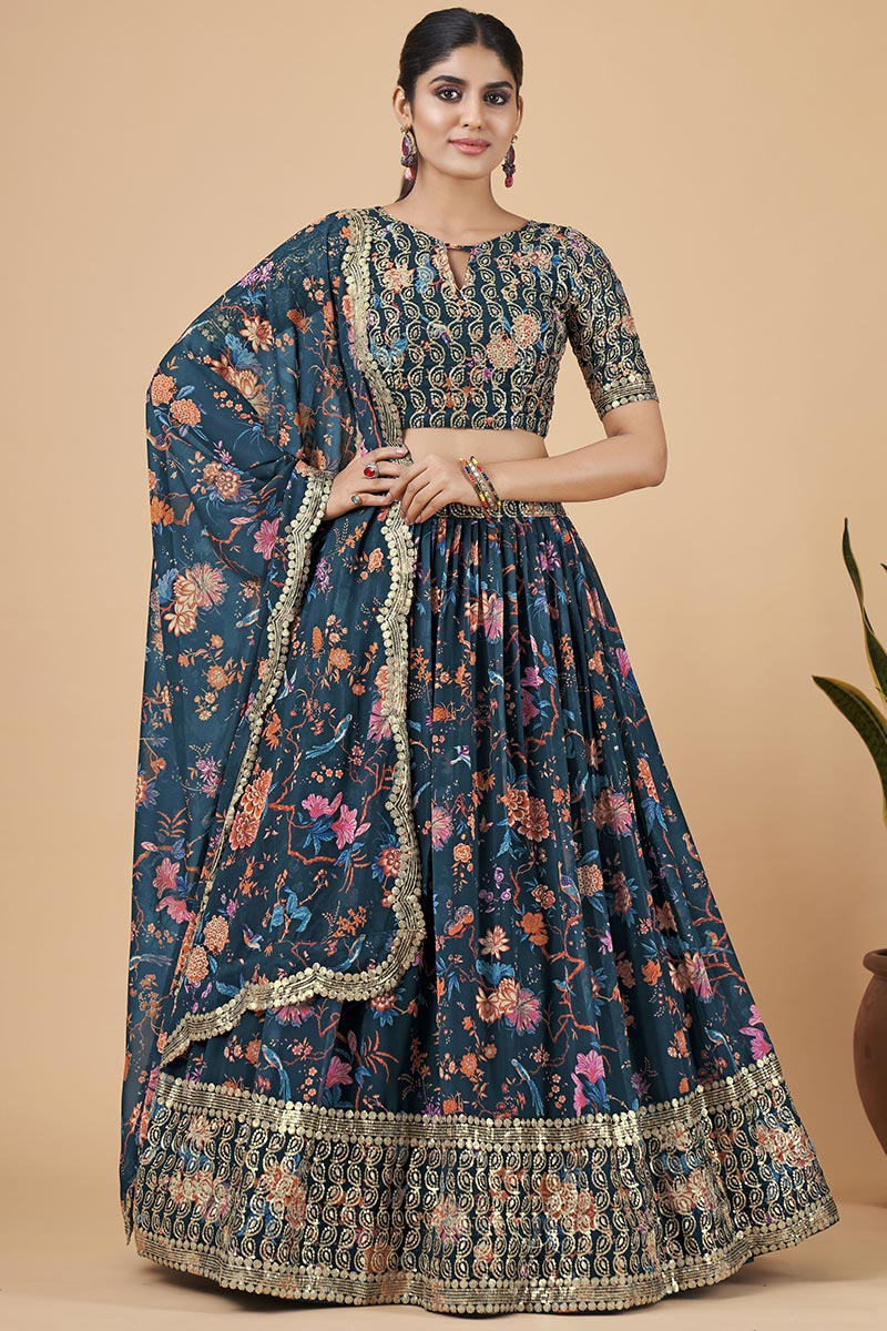 Printed Georgette Teal Blue Lehenga