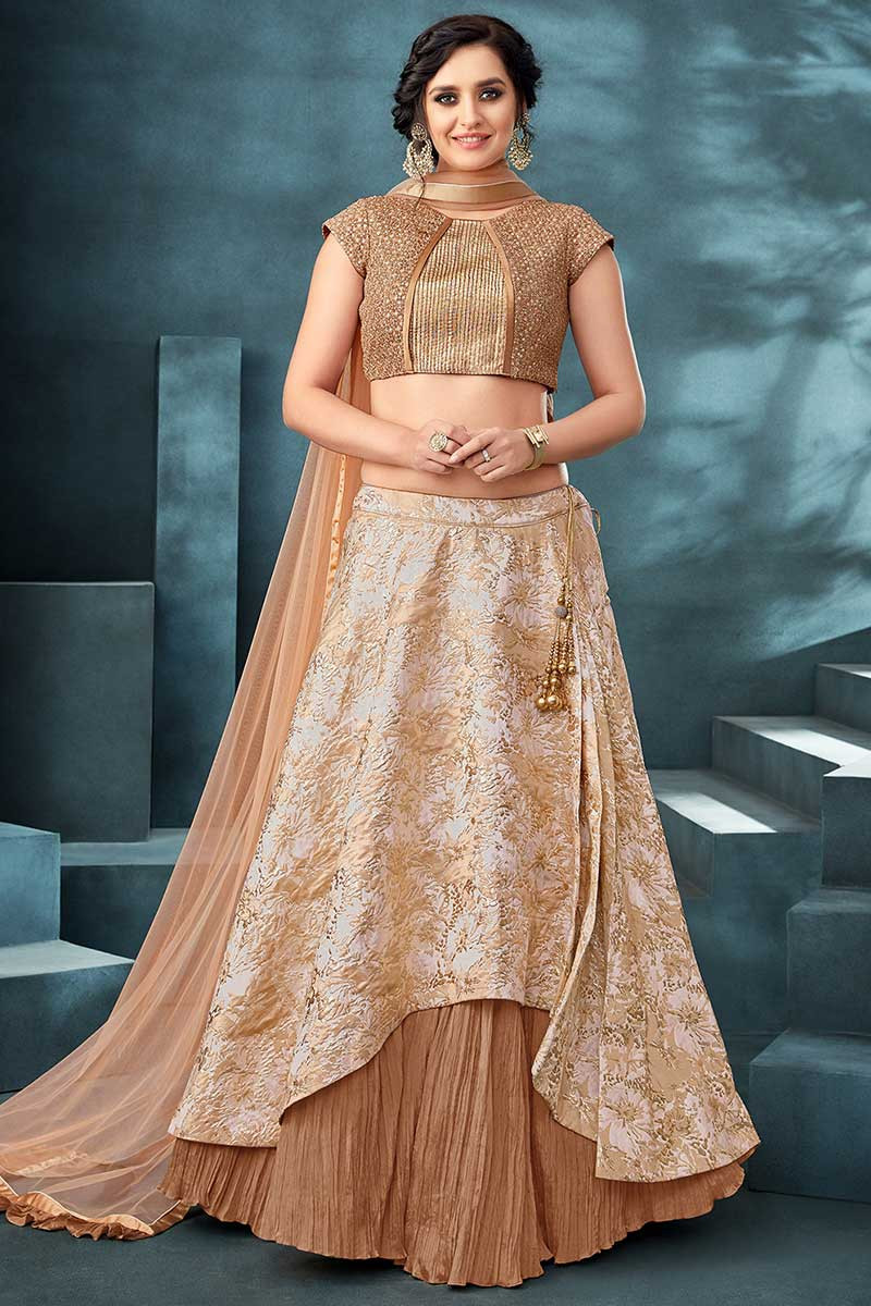 Printed Jacquard Beige Designer Party Wear Lehenga