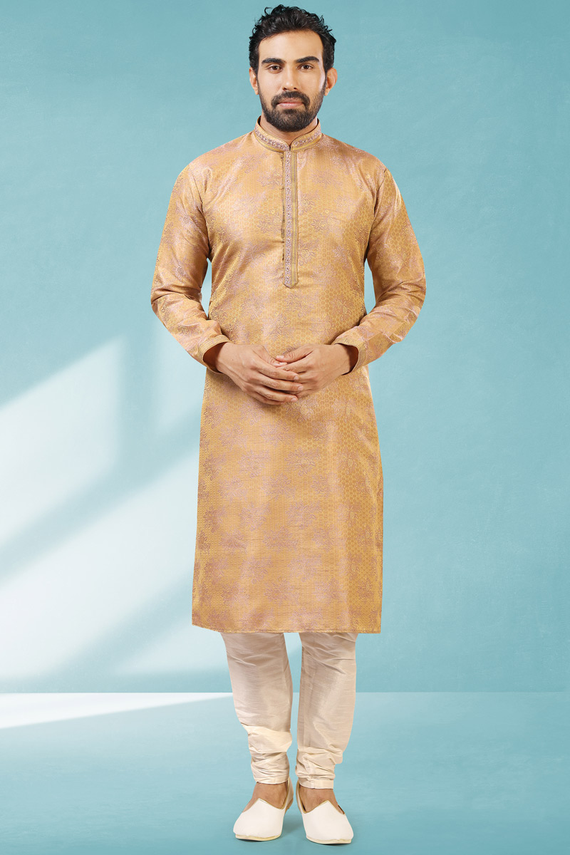 Printed Jacquard Dark Beige Men Kurta Pajama