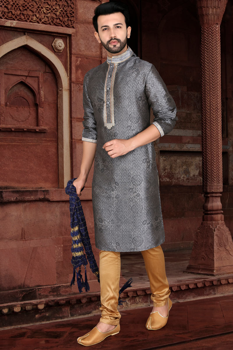 Printed Jacquard Steel Grey Men Kurta Pajama