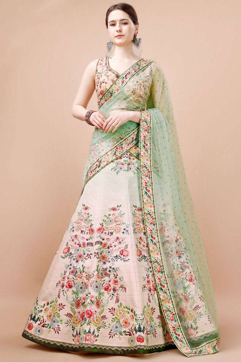 Printed Light Peach Panelled Style Satin Silk Lehenga