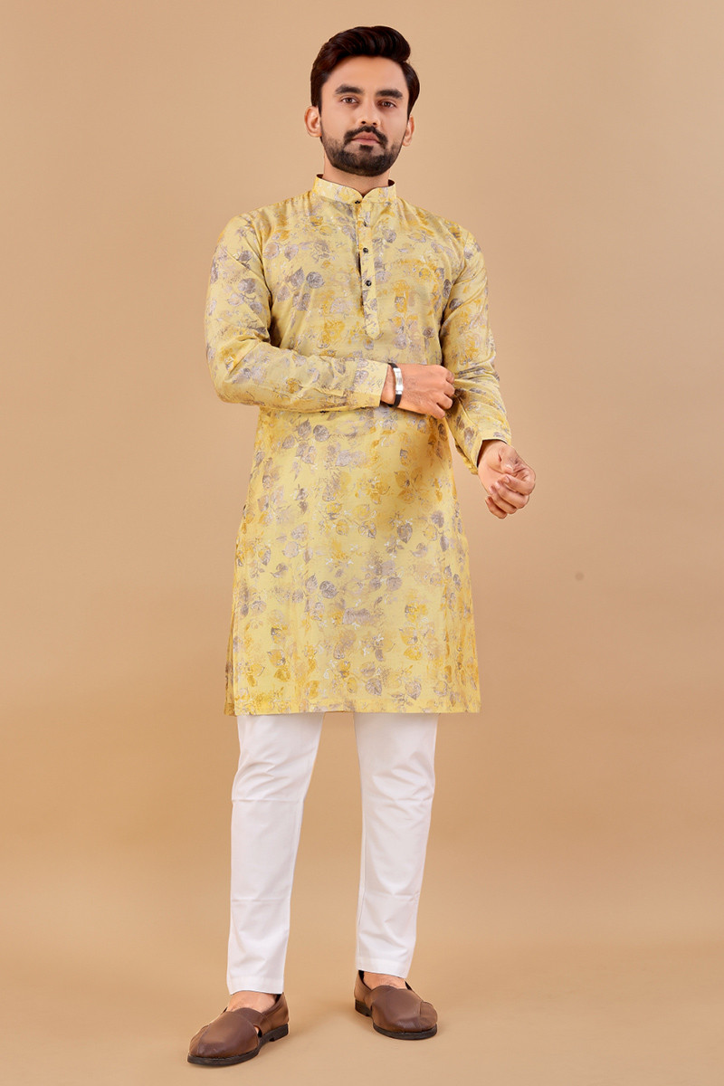 Printed yellow kurta pajama best sale