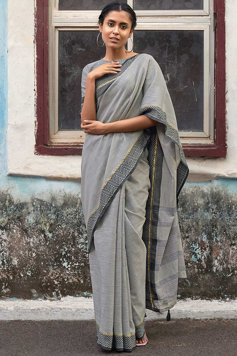 Printed Linen Grey Casual Saree