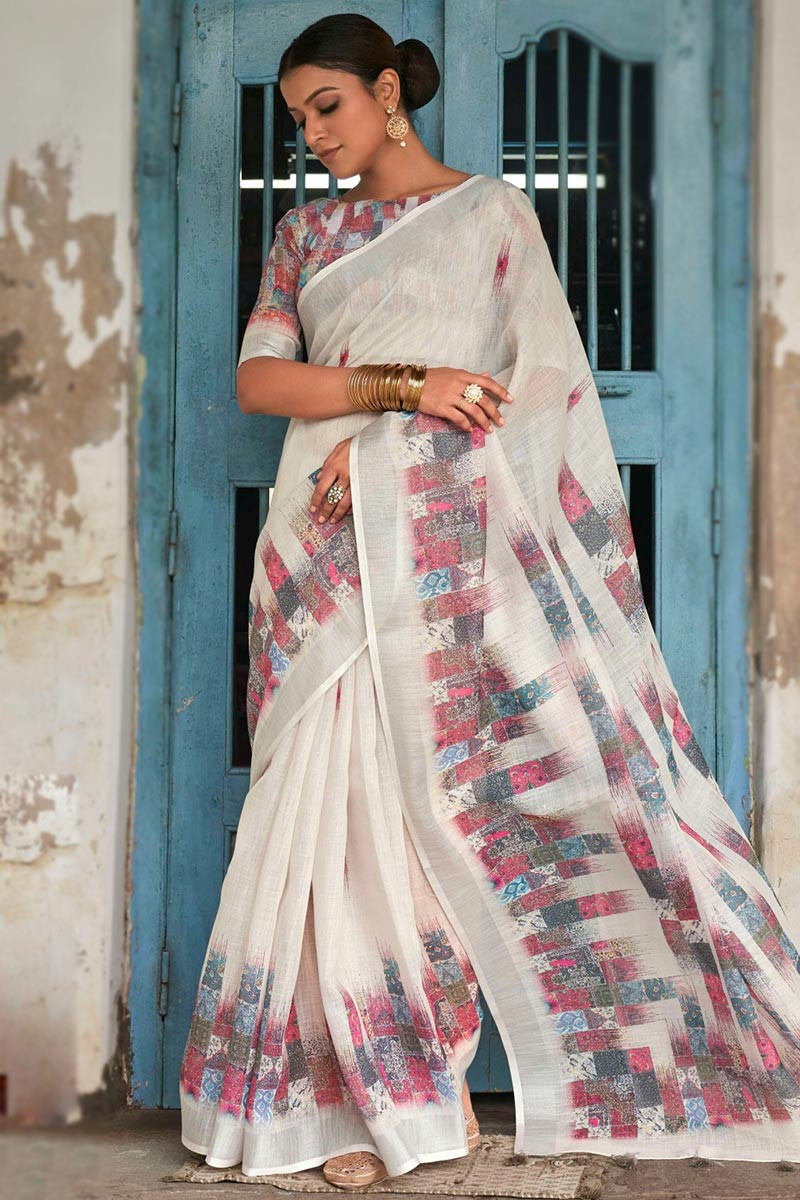 White Linen Saree With Blouse - Kihums handloom - 2844266