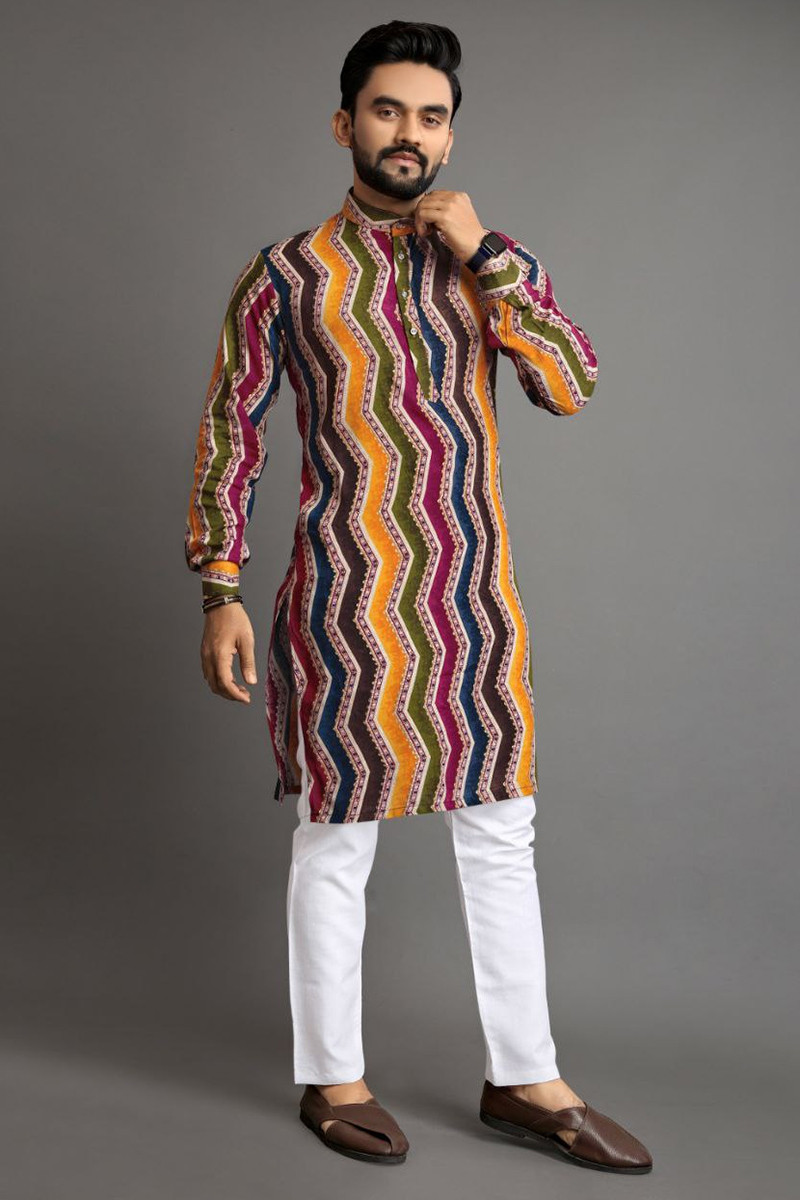 Printed Multi Color Cotton Straight Cut Men s Kurta Pajama MKPA07480