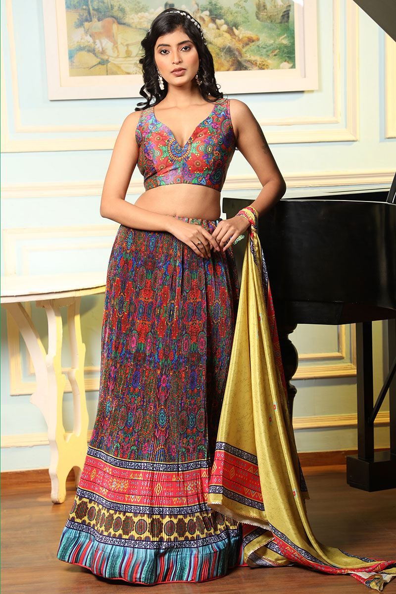Printed Multi Color Satin Flared Style Lehenga