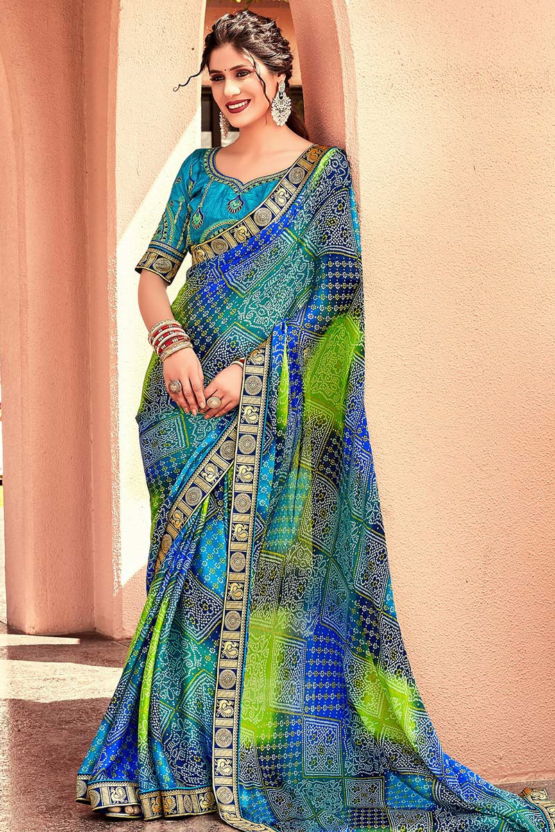 Chiffon top bandhej saree