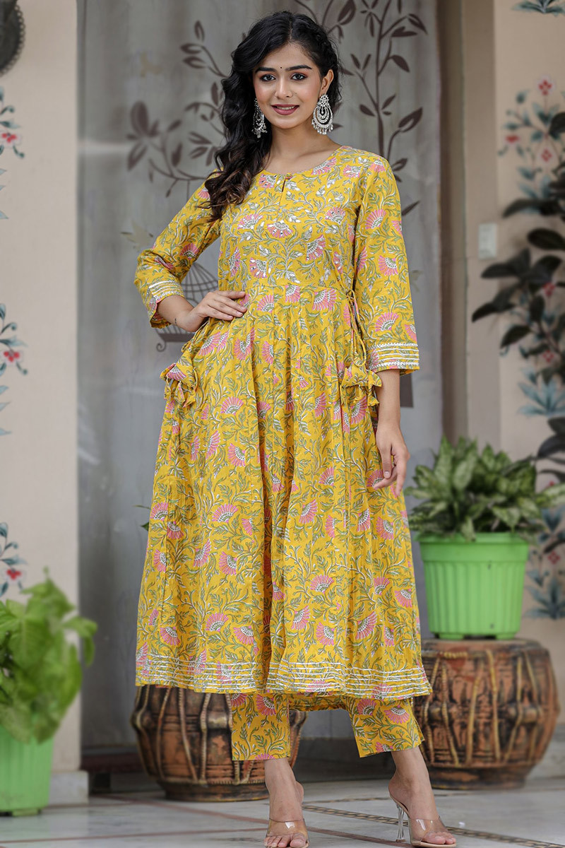 Printed Mustard Yellow Cotton Frock Style Trouser Suit
