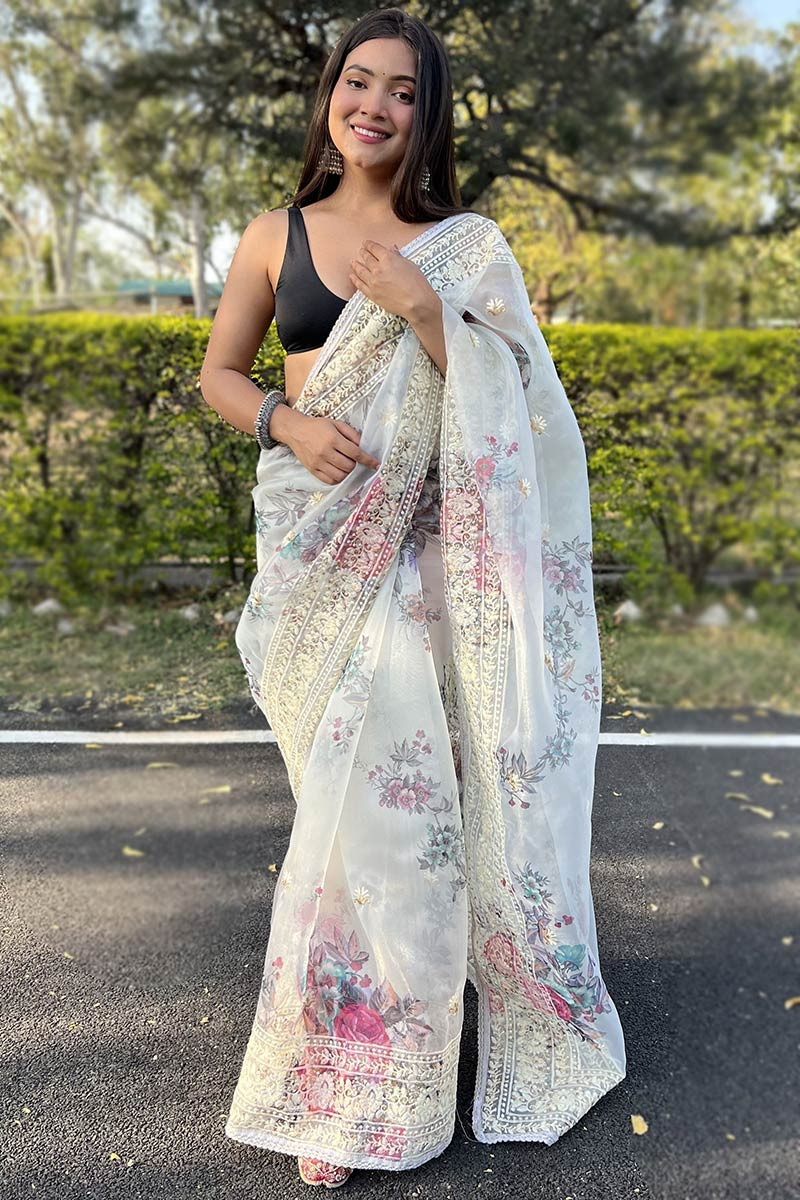 Lace organza saree | Organza saree, White saree, One shoulder wedding dress