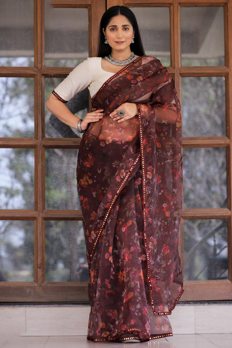 Buy Maroon Georgette V Neck Organza Saree With Blouse For Women by Amit  Aggarwal Online at Aza Fashions.