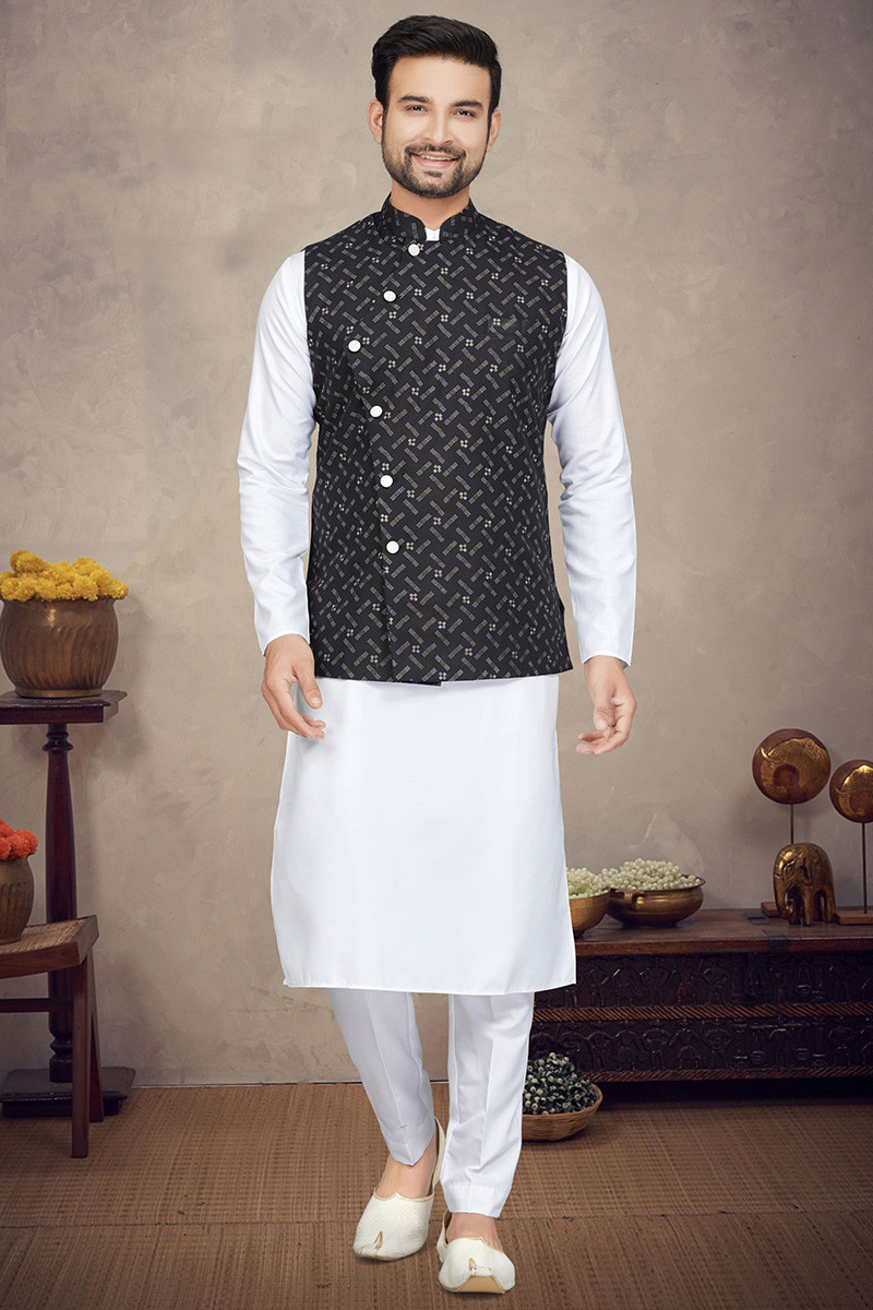 Black kurta pajama with white jacket on sale