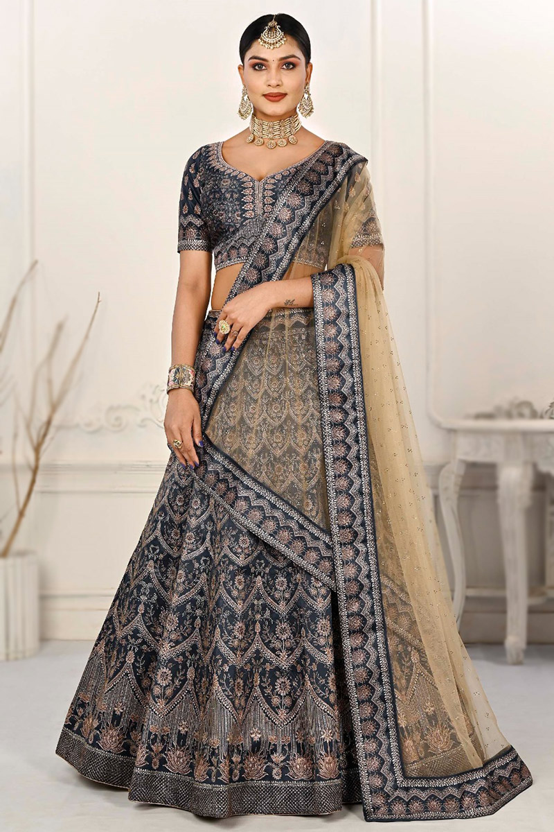 Printed Prussian Blue Satin Panelled Style Lehenga