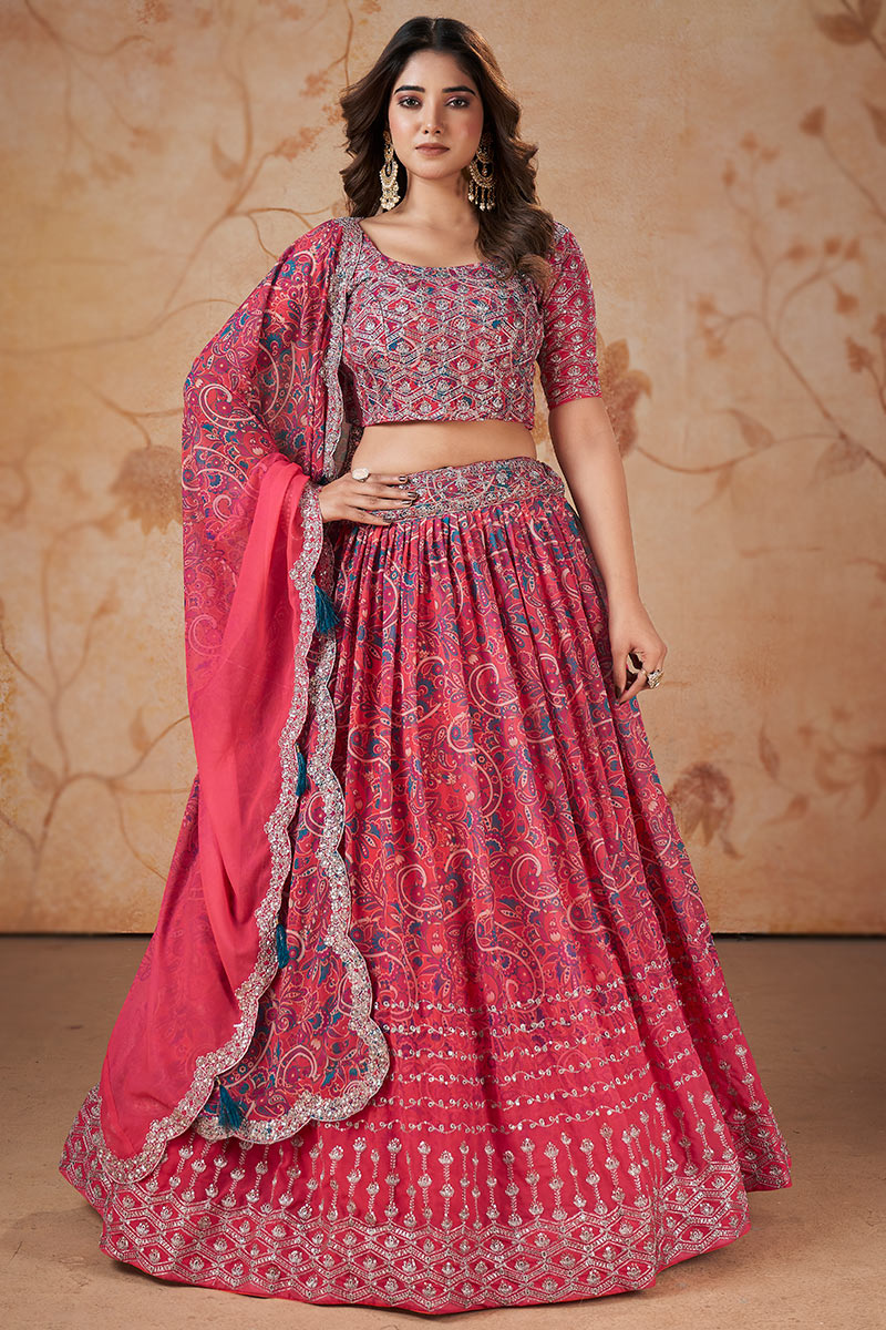 Printed Punch Pink Georgette Flared Lehenga