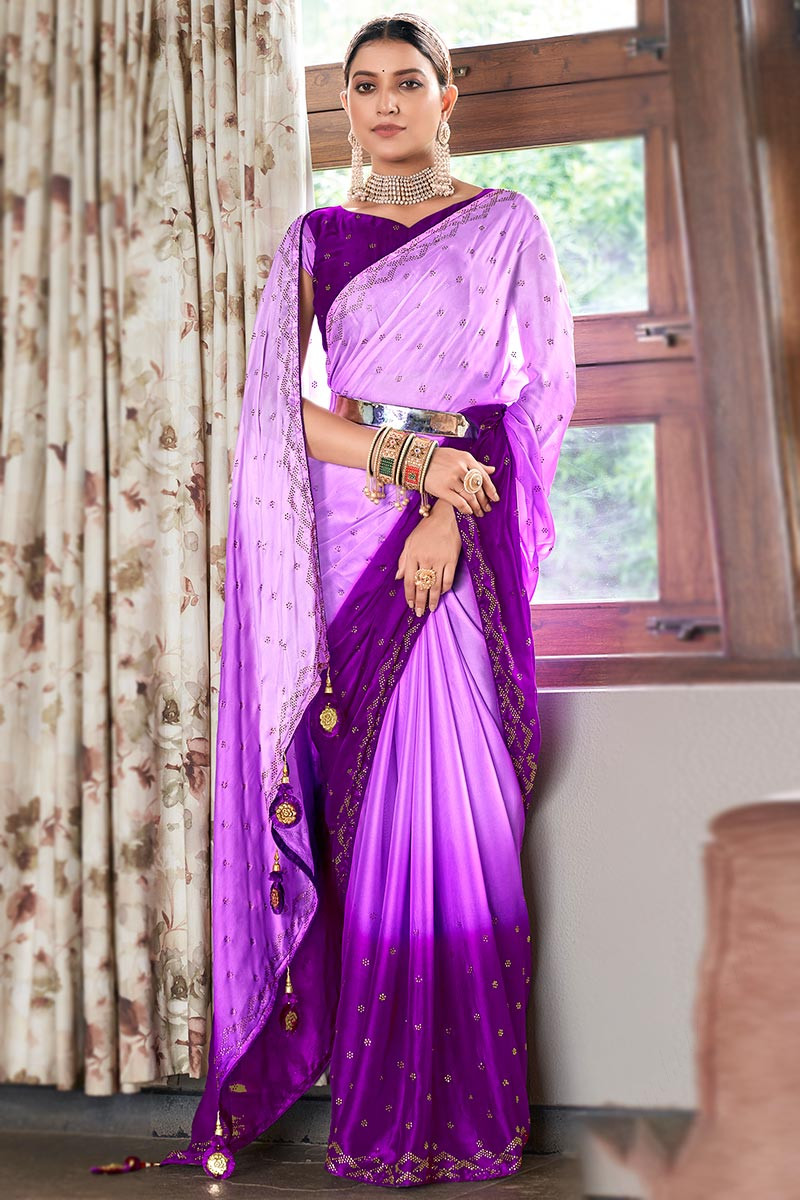 Shop Khaddi Georgette Violet Banarasi Saree Blouse Designs Online – Sunasa