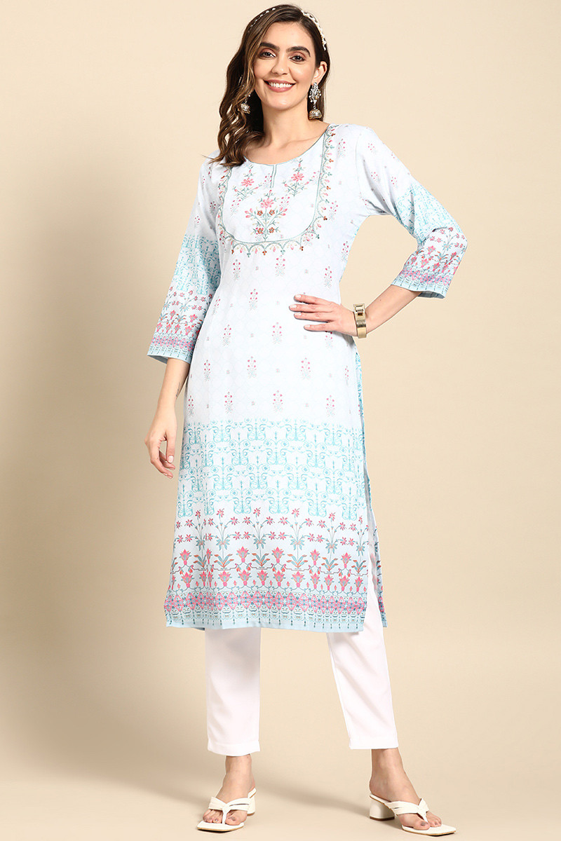 Light Blue Rayon Kurti for Party Wear with Thread embroidery